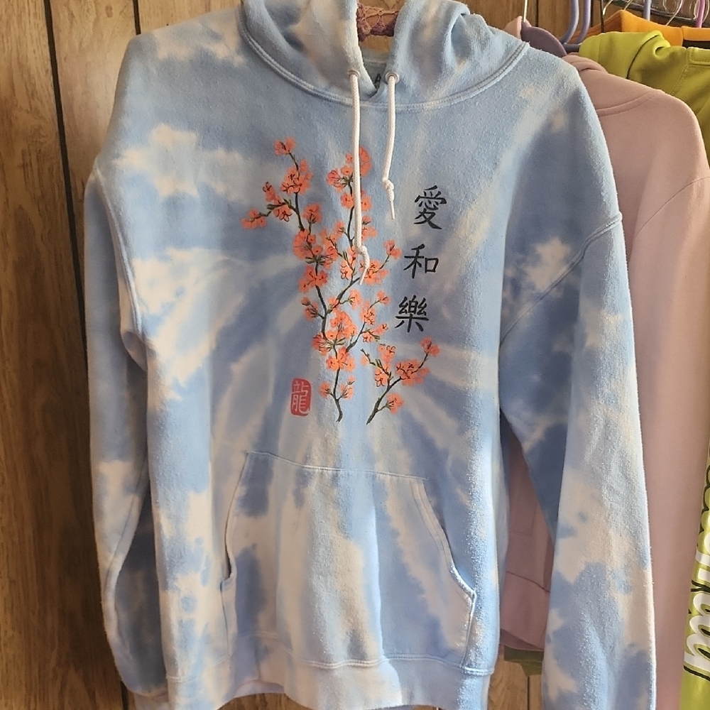 Blue Tie-Dye Hoodie with Floral Print